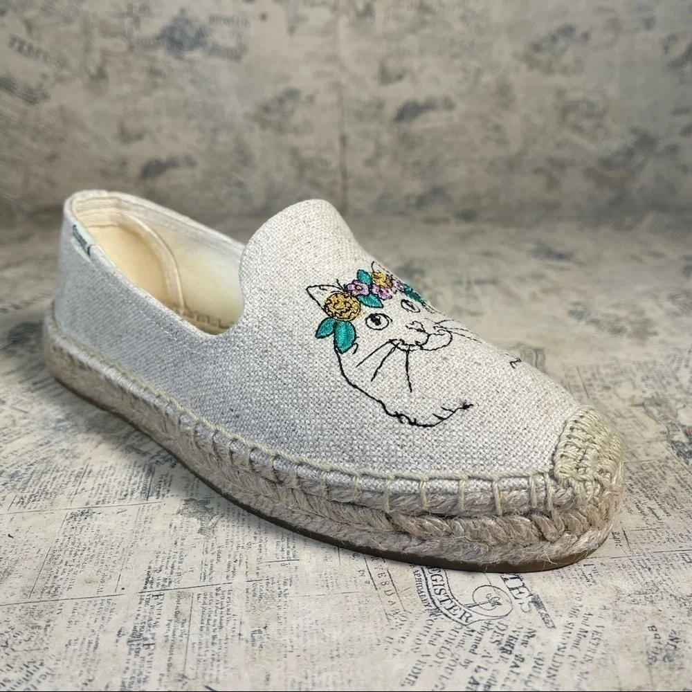 Soludos Cat Embroidered Espadrille Flats Canvas Jute Sole Summer Shoes